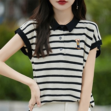 条纹短袖T恤女2025新款特大码女装夏季POLO领宽松薄款冰丝针织衫，女装针织衫/毛衣，斯美雅安迪绒