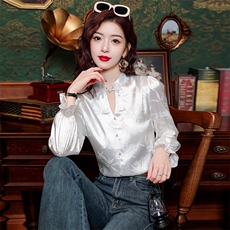 2025春季新中式气质修身百搭珍珠盘扣流苏竹叶印花喇叭袖长袖衬衫，女装衬衫，韩蔻秀