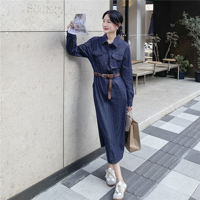 独特漂亮复古牛仔连衣裙女2025秋新款法式时尚气质收腰显瘦衬衫裙,女装连衣裙,2C098