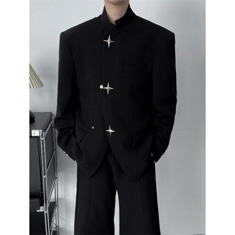 新中式男装黑色垫肩西装外套男痞帅风中山装西服夹克W6344-P65,男装夹克,星座412-2