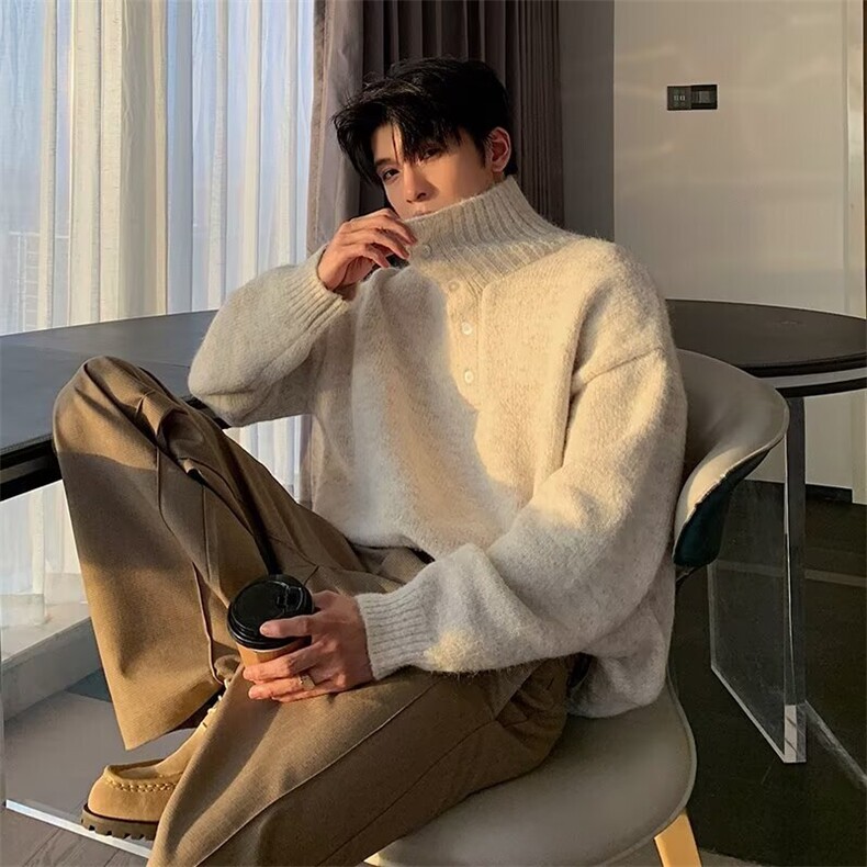 男士黑色排扣毛衣高领打底衫内搭线衣2025新款秋冬季潮牌针织衫帅，男装T恤，星座506A