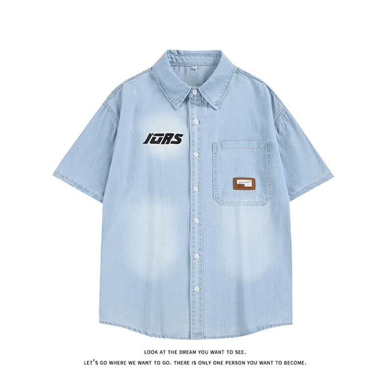 夏季牛仔短袖衬衫休闲潮流青少年休闲宽松衬衣外套DA8059-特价P53,男装衬衫,电商A007