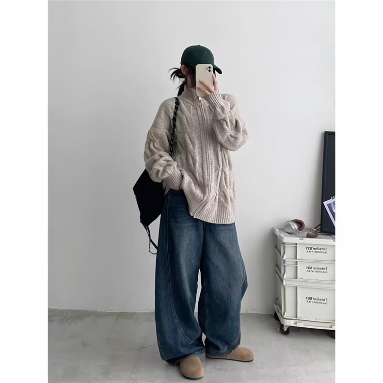 港风春秋款蓝色独特麻花拉链开衫毛衣男女外穿休闲慵懒风针织外套,男装针织衫/毛衣,星座506A