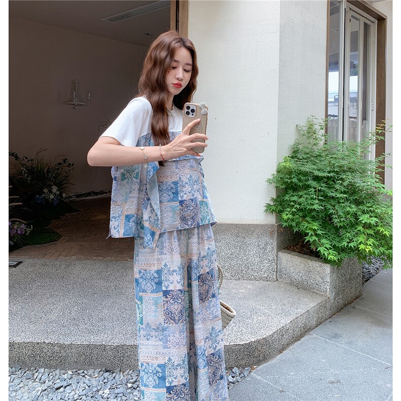 设计感印花拼接短袖t恤套装女夏新款轻薄休闲显瘦阔腿裤两件套,女装套装/套裙,2C213