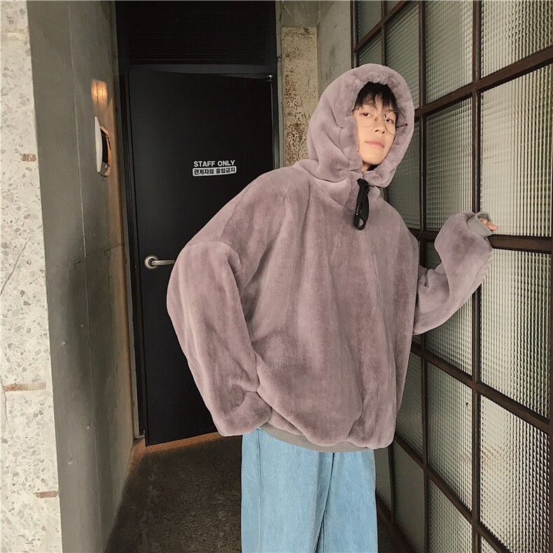 仿兔毛连帽双层加厚有弹性里布纯色毛绒卫衣A158-703-P78,男装卫衣,电商A158