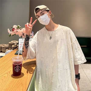 T8042/P30夏季破洞短袖T恤男个性设计感大码重磅宽松上衣,墨绿色背心搭配什么颜色好看图片