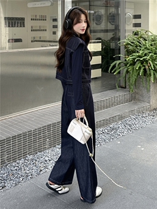 复古牛仔套装女2025秋季新款短袖马甲上衣阔腿长裤套装图片