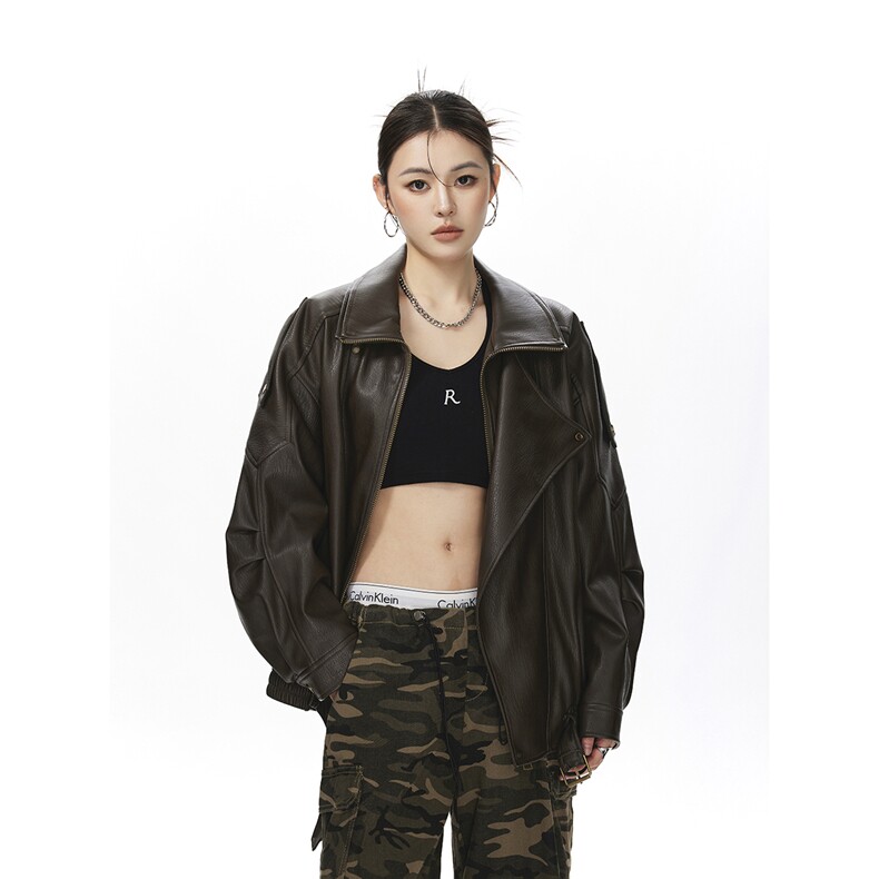 荔枝纹高端双层领廓形设计大码M-5XL机车皮衣女JK78095P128控178,女装皮衣,星座226-1