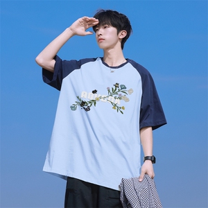 抖音得物高品质二开240克宽松纯棉美式潮牌插肩袖拼接短袖T恤图片