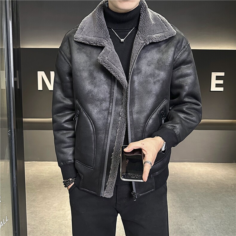 正反两穿2025冬季保暖外套皮毛一体夹克羊羔毛翻领白底8909p225，男装夹克，电商A203-1