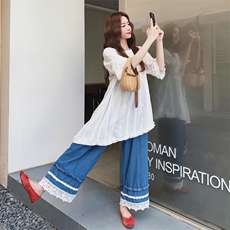 不规则刺绣碎花衬衫阔腿裤套装女夏2025新款超火绝美温柔风两件套，女装套装/套裙，浙宝217