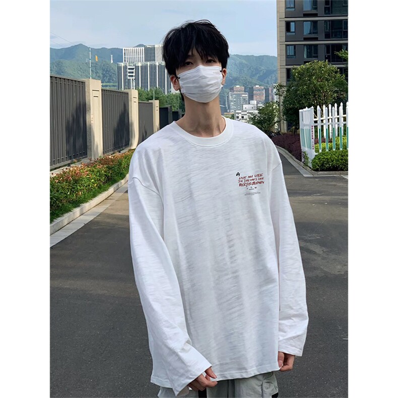 抖音得物230克重磅精梳棉宽纯松长袖印花T恤打底衫ACT5504,男装T恤,电商A443