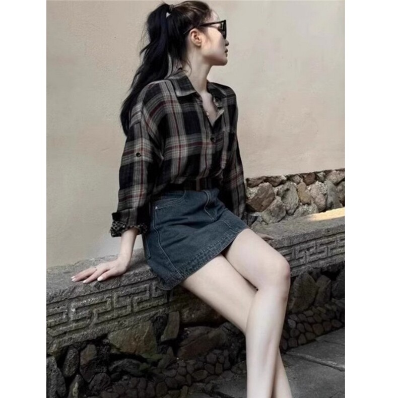 法式高级感格子衬衫女秋季设计感小众上衣时尚洋气小个子内搭衬衣,男装衬衫,星座1210-1