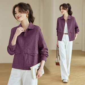 2026年春季翻领短款扣子休闲宽松微胖显瘦外套，女装短外套，文熹诺