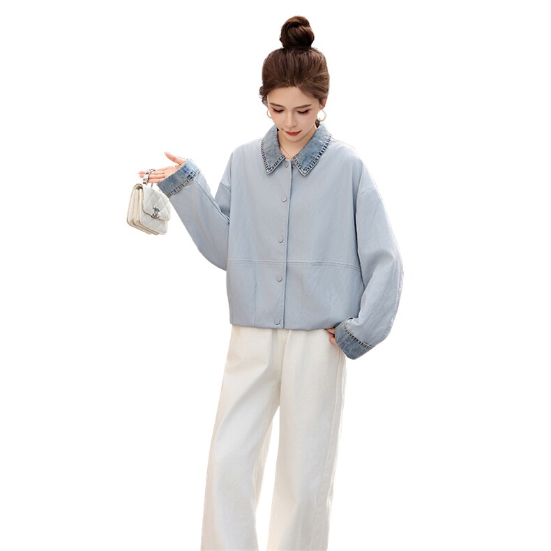现货外套女2026新款春拼接牛仔简约翻领软皮衣夹克上衣女装PU,女装皮衣,依万里