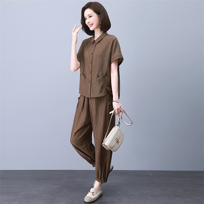 2025夏季新款时尚休闲薄款中年妈妈亚麻两件套洋气减龄棉麻套装女,女装套装/套裙,雪樱依海