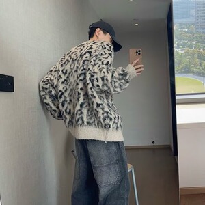 YI0919-P55豹纹开衫圆领毛衣男女冬宽松ing潮无领针织衫纽扣外套图片