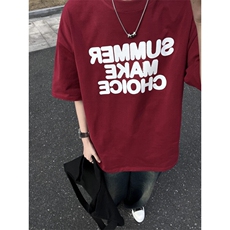 美式复古酒红色短袖t恤ins潮牌重磅宽松纯棉短袖oversize，男装T恤，星座310A-4