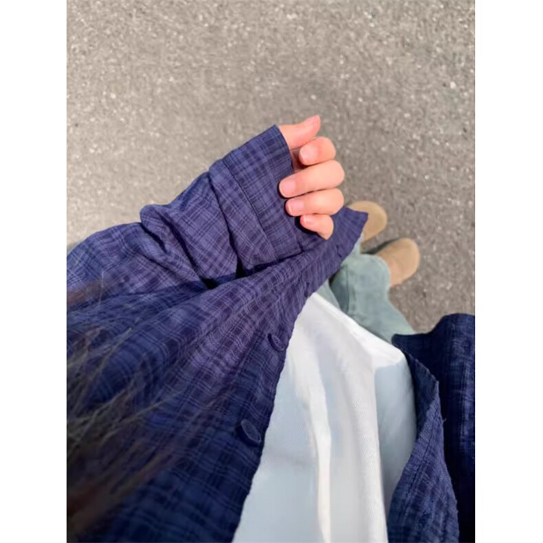 TC627-p28复古蓝色纯棉格子衬衫女2026新款高级感上衣,女装衬衫,星座617A-2