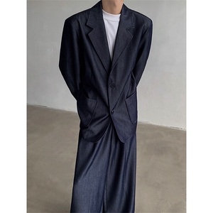 GENIOLAMODE蓝色休闲西服套装男士秋季新款宽松垂感帅气一整套潮