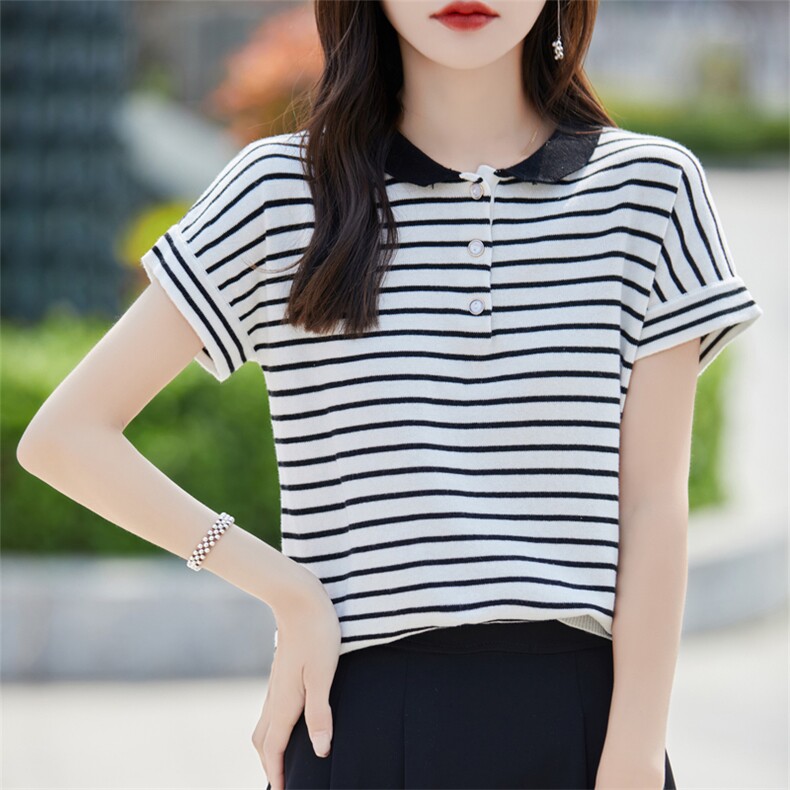 夏装Polo领条纹纯棉针织短袖T恤女洋气减龄显瘦百搭半袖打底上衣,针织衫/毛衣,彩羽羊绒
