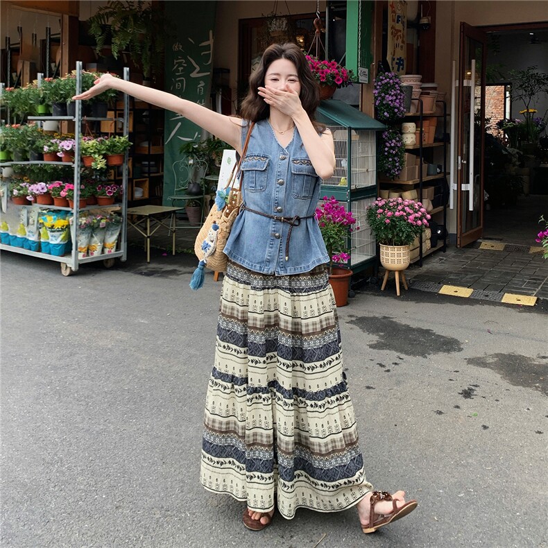 2026夏季新款显瘦气质牛仔马甲印花半身裙套装裙超好看穿搭一整套，女装套装/套裙，流量+