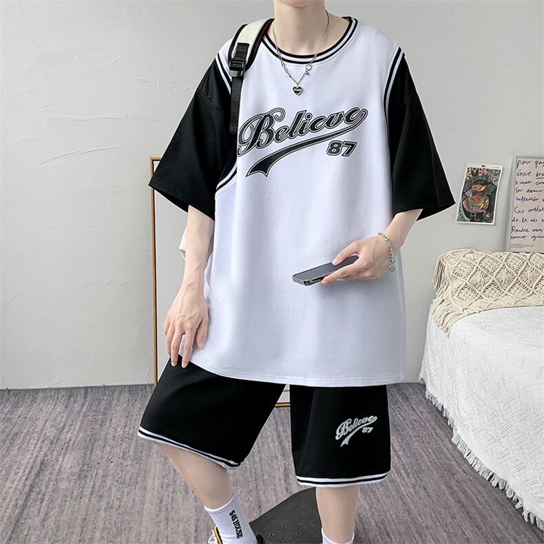纯棉夏季短袖T恤套装青少年宽松潮流篮球服两件套男装F312P60控89图片