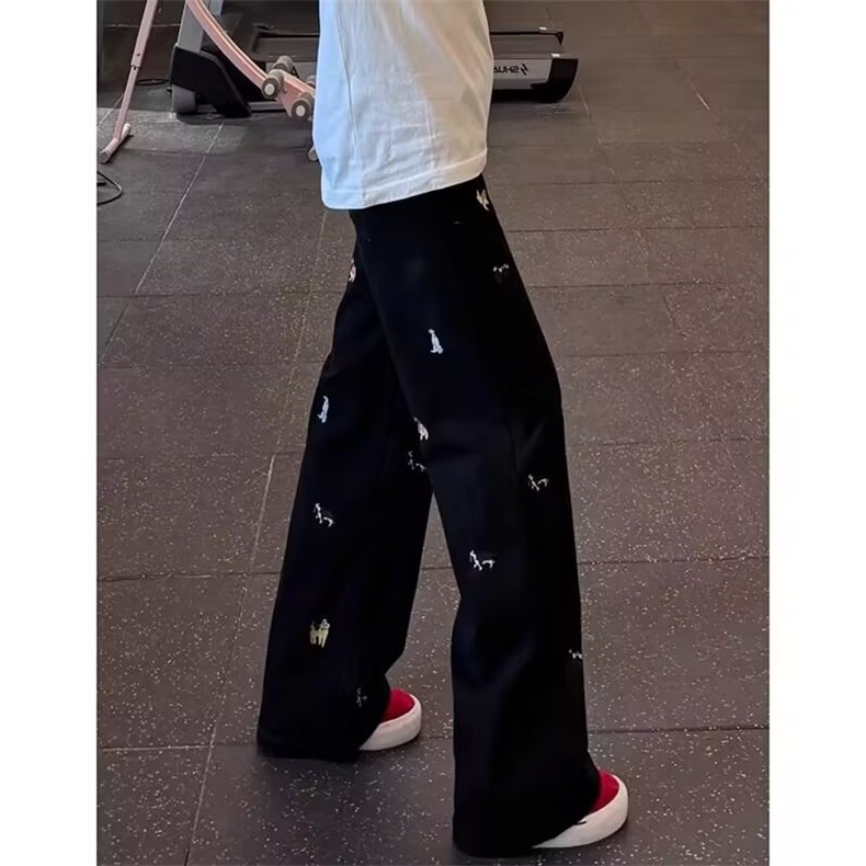 简约气质慵懒流行新款复古蓝趣味小狗刺绣牛仔裤男美式潮流,男装牛仔裤,四季星座505