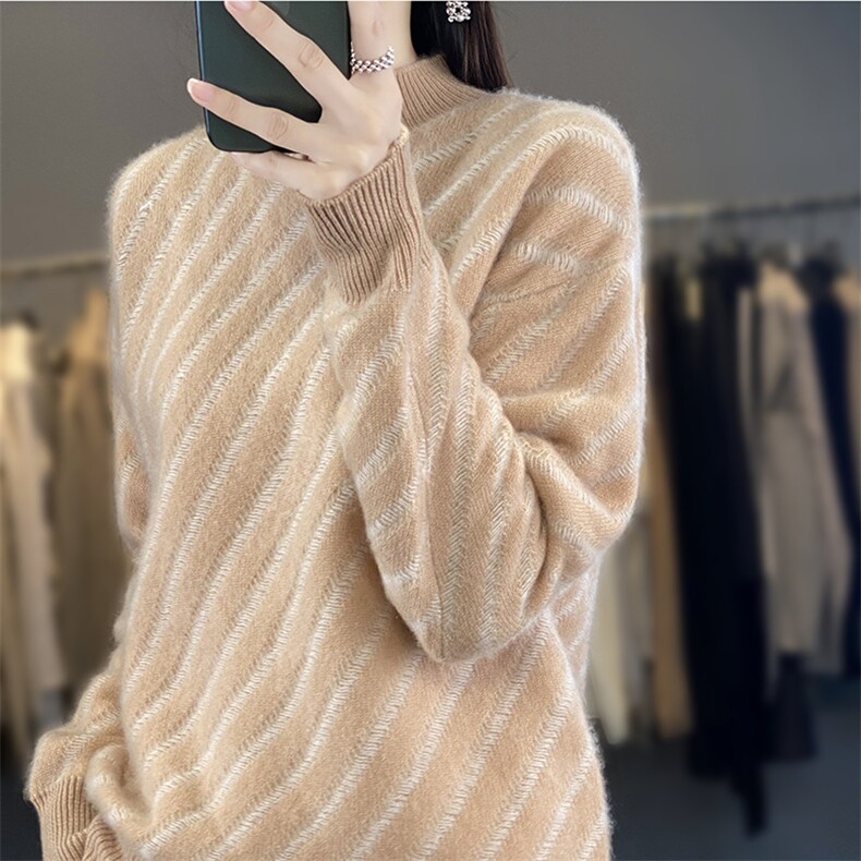 2024年秋季半高圆领羊毛套头长袖通勤条纹羊毛衫，女装羊毛衫，德晨羊绒