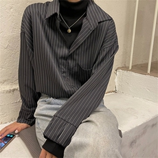 TC695-P50假两件高领竖条纹港味复古衬衫休闲黑暗系宽松上衣，女装衬衫，星座617A-2