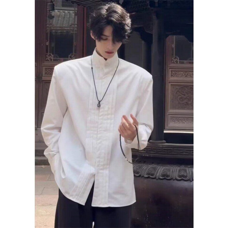 新中式男装风宫廷垫肩衬衫男中山唐装汉服长袖衬衣C0153,男装衬衫,星座1116A（原606A-3）