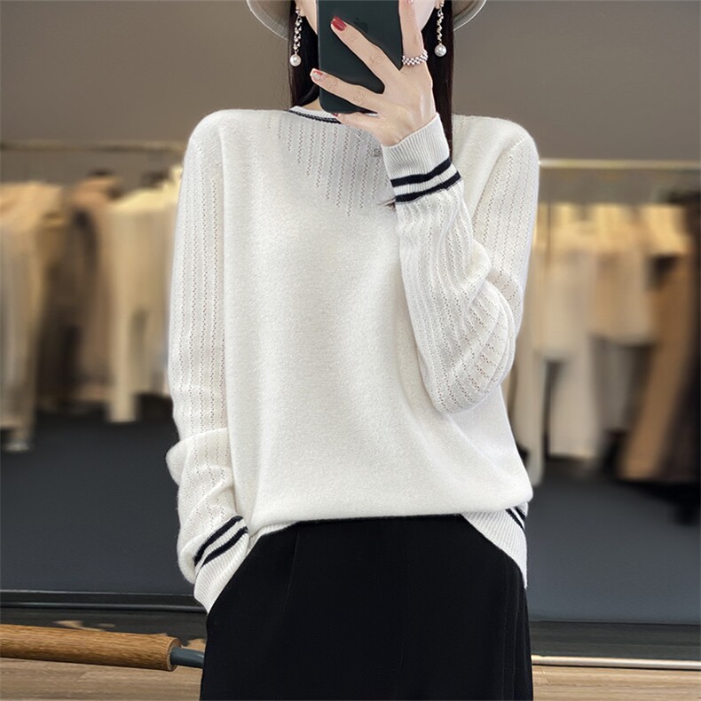 2025年冬新款羊毛衫女撞色圆领时尚宽松长袖针织打底衫，女装羊毛衫，盛鼎羊绒