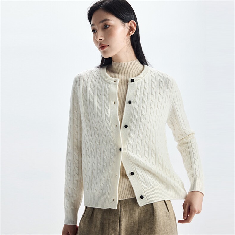 2025年秋季长袖圆领麻花开衫时尚百搭通勤，女装羊绒衫，致织羊绒
