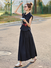 时尚牛仔套装连衣裙女2025夏季新款气质收腰无袖衬衫半身裙两件套，女装套装/套裙，布芭啦