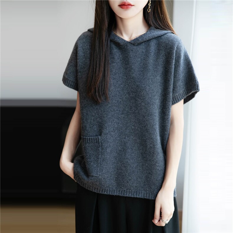 100纯羊毛针织坎肩女连帽宽松马甲2025新款七针加厚保暖外套上衣,针织衫/毛衣,越洋羊