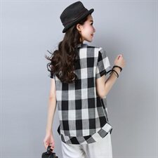 大格子V领时尚衬衫女大码宽松显瘦棉麻T恤女，女装衬衫，涵誉