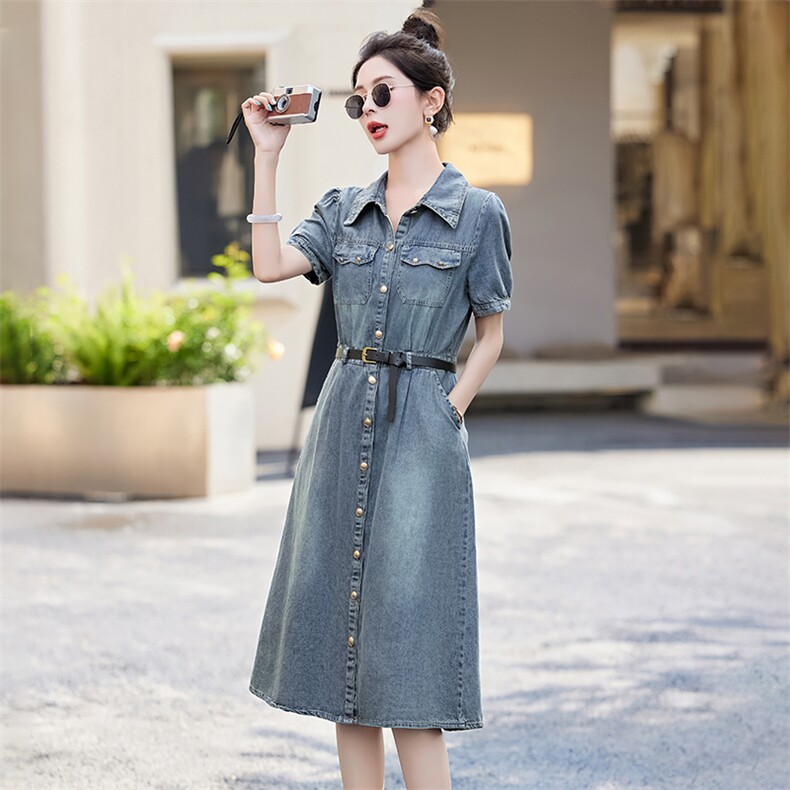时尚潮流牛仔连衣裙女夏季新款显瘦修身气质长裙百搭休闲风,女装连衣裙,布芭啦