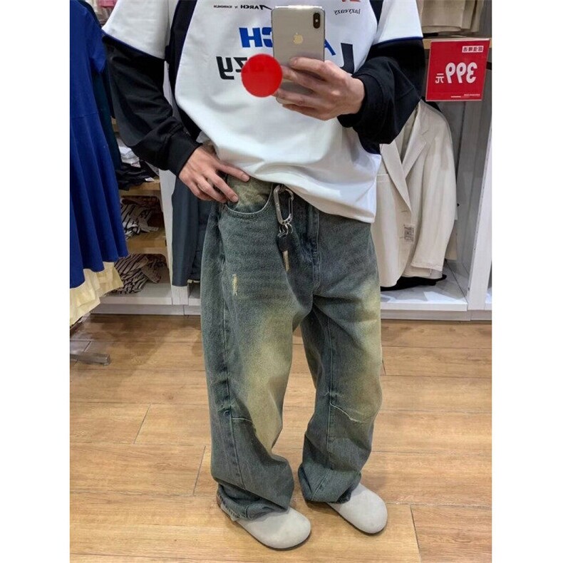 CP1176-P44美式做旧牛仔裤男女阔腿休闲宽松街头复古水洗长裤,男装牛仔裤,电商B323A