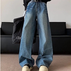 美式铆钉闪电牛仔裤男女潮牌设计感小众阔腿裤痞帅水洗做旧拖地裤，男装牛仔裤，星座601-1