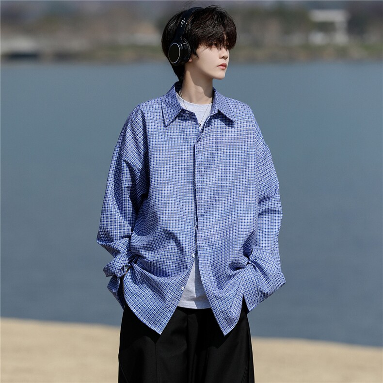 8XL-M长袖衬衫男春夏格子条纹衬衣宽松慵懒风防晒外套CS29005P45,男装防晒衣,电商B312