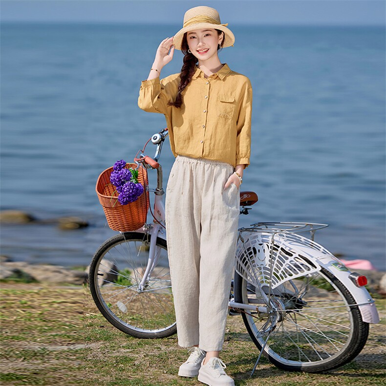 棉麻套装女2025年夏季新款妈妈洋气苎麻薄款衬衫休闲裤气质两件套,女装套装/套裙,涵誉