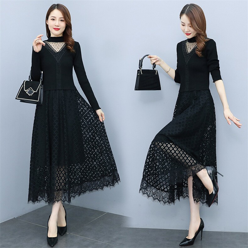 2023秋季半高领镂空线衣配蕾丝长款打底连衣裙，女装连衣裙，安之芮娜