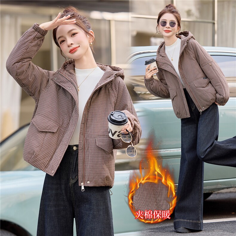 连帽格子棉衣女保暖休闲洋气棉服宽松减龄时尚夹棉外套,女装棉衣/棉服,余墨