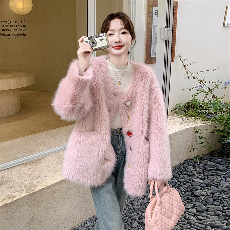 新款-环保狐狸毛皮草粉色毛毛外套2C133-8803-P225-K338,女装短外套,2C133