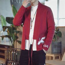 9053*咖啡厅中国风男士仙鹤绣花长袖开衫毛衣针织衫男酒红*P85，男装针织衫/毛衣，星座1516（原B303）
