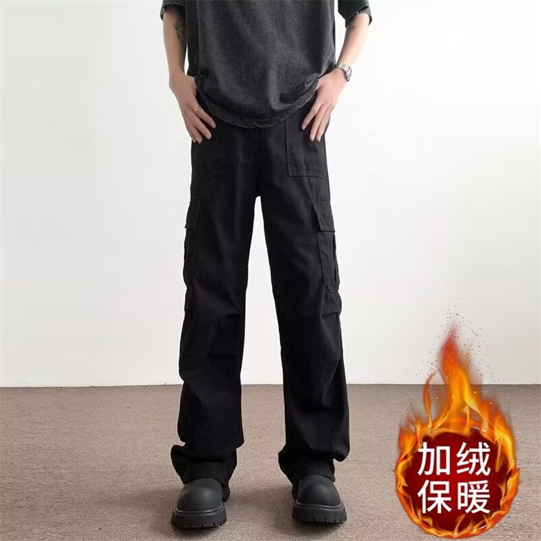 美式工装裤男潮日系宽松褶皱工装裤痞帅加绒直筒长裤子MK179P47,男装工装外套,星座1013-5