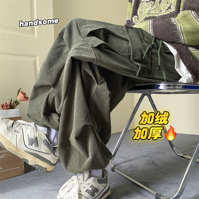 冬款阿美咔叽大码加绒加厚灯芯绒阔腿宽松工装裤K23027J加绒-P80图片