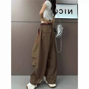 时尚撞色格子腰头刺绣字母抽绳阔腿裤男女夏季休闲长裤MKK29 P47图片