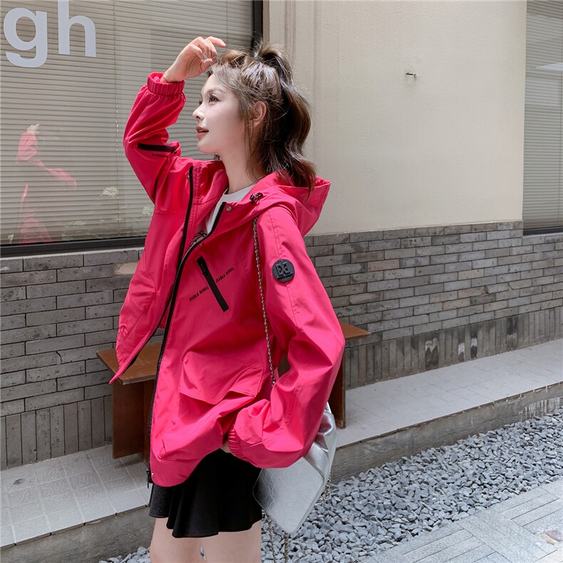 玫红色连帽工装外套女2025秋季新款韩系超好看小个子休闲百搭夹克图片