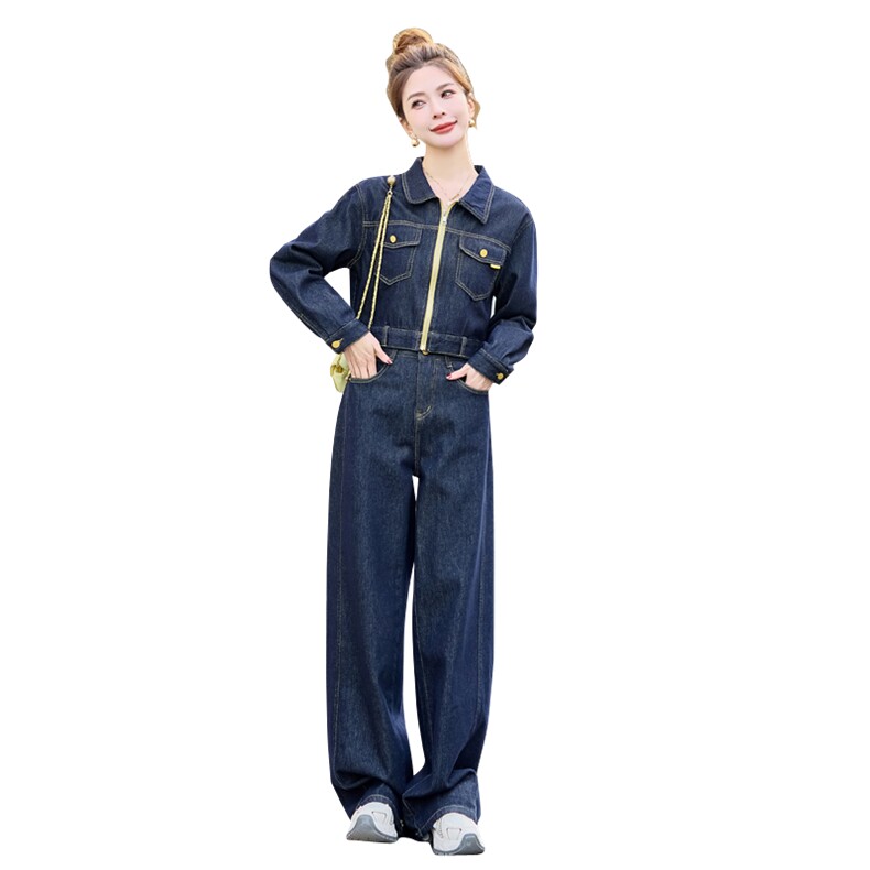 牛仔套装女2025春秋新款韩系高级感超火休闲洋气减龄阔腿裤两件套,女装套装/套裙,浪花E族（衣布洛）